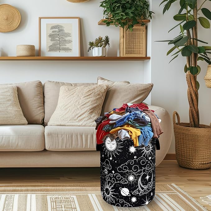 Beautiful Clouds Sun Stars Laundry Basket Oxford Cloth Moon Laundry Hamper With Handle Portable Clothes Storage Basket Foldable Funny Laundry Bag 18.9"x16.5" For Laundry Room/Bedroom/Bathrooms