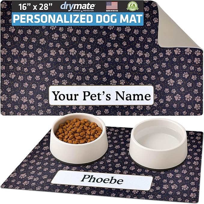 Drymate Personalized Pet Bowl Placemat, Custom Dog & Cat Food Feeding Mat - Absorbent Fabric, Waterproof Backing - Machine Washable/Durable (USA Made) (16" x 28") (Paw Path Tan)