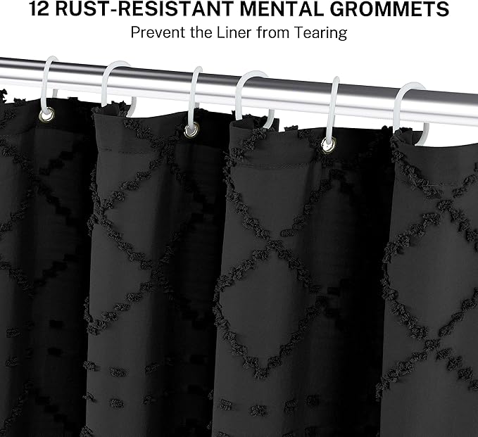 Siiluminisoy Black Shower Curtain Boho Fabric Shower Curtain Black Tufted Texture Striped Modern Farmhouse Shower Curtains for Bathroom, 72 x 72