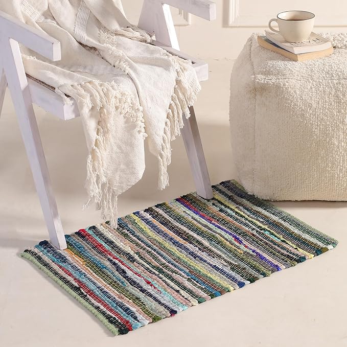 HOMEMONDE Boho Chindi Rag Rug 20"x32" Multi Green Recycled Soft Cotton Fabric Hand Crafted Reversible Boho Rugs for Entyrway, Doormat, Kitchen, Bedroom, Living Room