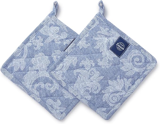 Pot Holders for Kitchen | Heat Resistant Pads | Set of 2 | Hot Dish Holder Sets | 8x8 in |for Cooking, Baking, Grilling, Microwave & BBQ, Chambray Blue by Encasa XO