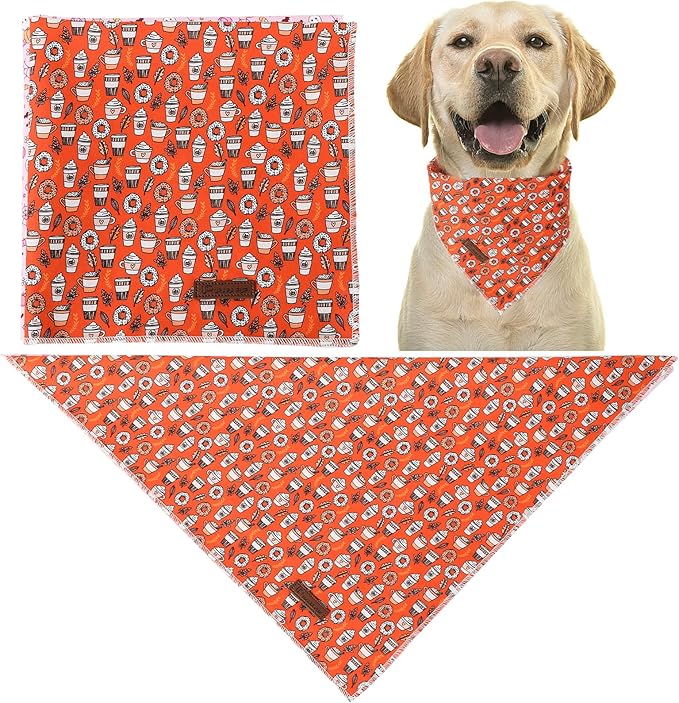 UP URARA PUP Fall Dog Bandana, Autumn Triangle Bid Scarf with Cup,Doughnut Pattern, Cotton Pet Kerchief for Girl Boy Dogs or Cats, Cute Puppy Bandana Fancy Bandana for Dogs