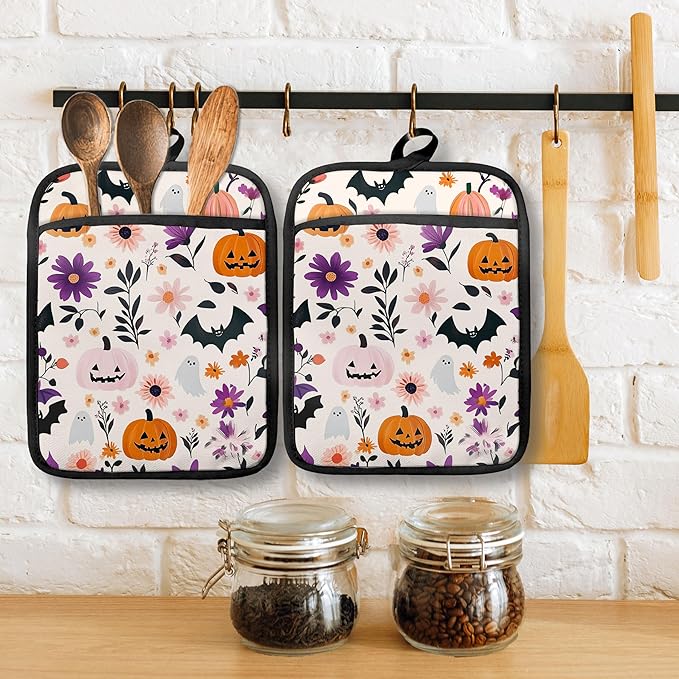 Pastel Halloween Pumpkin Floral Pot Holders with Pockets, Halloween Cute Ghost Bat Oven Pot Holders Heat Resistant Oven Mitts Hot Pads for Kitchen Baking Cooking, Set of 2