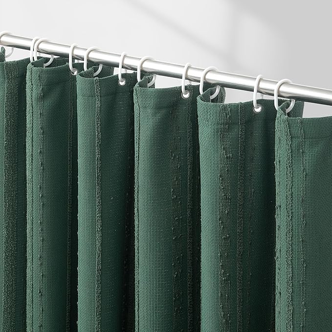 Lameirose Dark Green Shower Curtain Boho, Cotton Blend Waffle Shower Curtain Textured, Fabric Shower Curtains for Bathroom, Hotel, 72 x 72