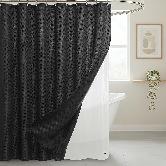 Lameirose Shower Curtain and Liner Set, 3 in 1 Waffle Shower Curtain Set with 12 Double Sided Shower Curtain Hooks, Fabric Shower Curtains for Bathroom, Black, 72 x 72