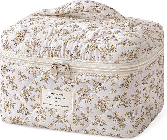 HBselect Christmas Gifts Large Quilted Makeup Bag, Cute Cotton Travel Makeup Bag with Handle, Portable Coquette Floral Make up Bags, Toiletry Organizer Make up Bags for Women Teen Girls Mom