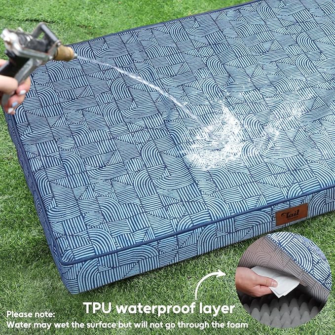 Tail Stories Outdoor Extra Large Dog Bed, Jumbo Waterproof Dog Bed for Large Dogs, Orthopedic Egg Crate Foam Pet Mat with Removable Oxford Cooling Cover, White Blue