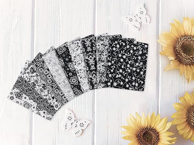 Craftido -25 Options- 100% Cotton Quilting Fabric Bundles 10pcs Fat Quarters 18”x21”-Medium Weight 5.2 oz- Soft Cotton for Quilting, Sewing Project, Patchwork, DIY Crafts - Black & White Flower