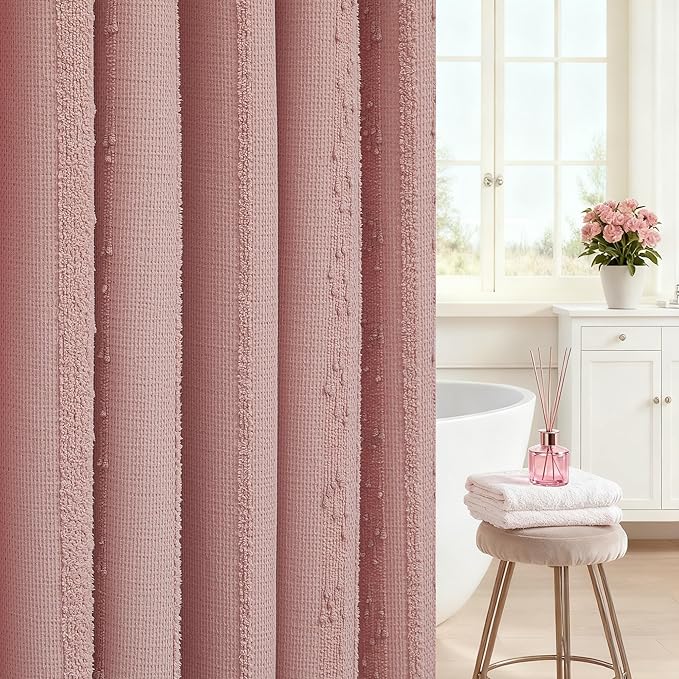 Lameirose Pink Shower Curtain Boho, Cotton Blend Waffle Shower Curtain Textured, Fabric Shower Curtains for Bathroom, Washable 72 x 72
