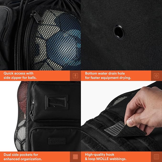 Fitdom Heavy Duty XL Soccer Mesh Equipment Ball Bag w/Adjustable Backpack Shoulder Strap Design for Coach. 2 Different Size Front Pockets for Sporting Accessories.