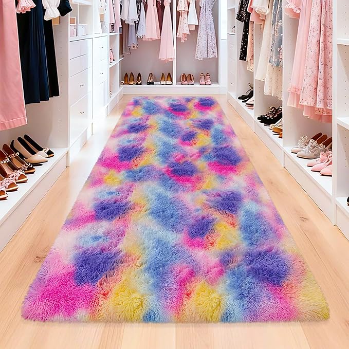 Pink Rainbow Rug for Girls Bedroom Bedside 3x10 ft, Soft Fluffy Plush Runner Carpet Shag Kids Area Rug for Little Girls Room, Cute Colorful Rug Runner for Hallway Nursery Living Room