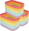 XUANGUO 3-Pack Rainbow Storage Baskets 15X10X9.3“ – Woven Toy Organizer Bins for Kids, Baby Room, Nursery, and Classroom – Cute Square Rope Baskets for Shelves and Organization Rainbow