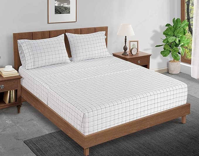 LANE LINEN Fitted Sheet Full Size, 100% Organic Cotton, 3Pc Set (1 Fitted Sheet, 2 Pillowcases) Percale Weave, Bed Fitted Sheets, Breathable, Fits Mattress Upto 15" Deep - Windowpane(No Flat Sheet)