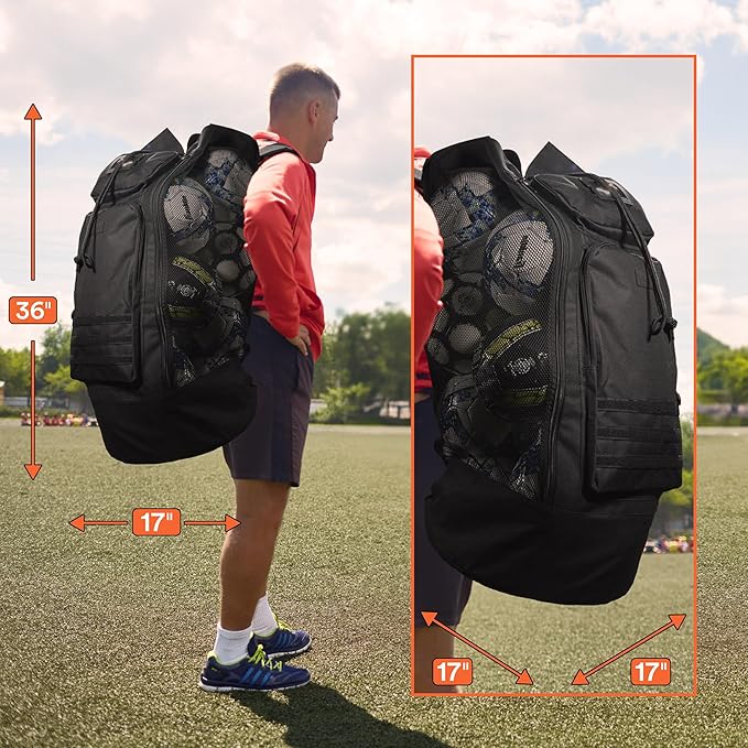 Fitdom Heavy Duty XL Soccer Mesh Equipment Ball Bag w/Adjustable Backpack Shoulder Strap Design for Coach. 2 Different Size Front Pockets for Sporting Accessories.