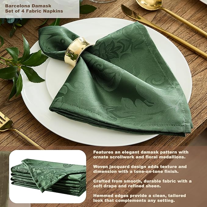 Newbridge Barcelona Damask Fabric Napkins, Set of 4, Hunter Green – No Iron, Soil Resistant Cloth Napkins for Dining, Parties and Holidays