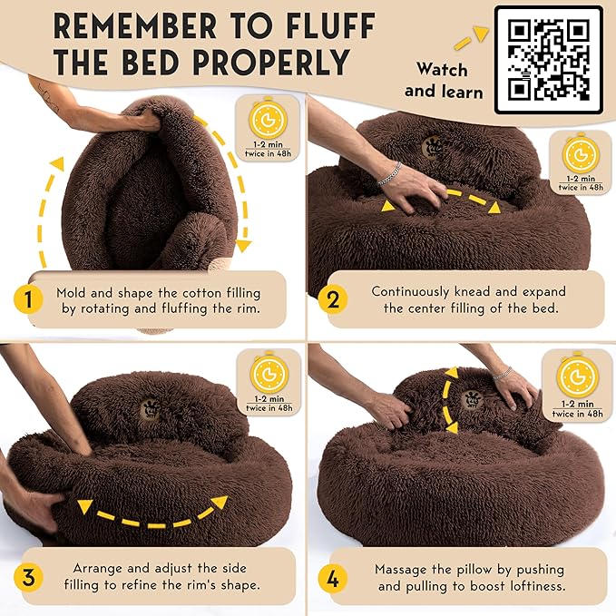 PetJett Calming Dog Beds Large Sized Dog - 36'' Round Bed, Anti-Slip & Washable Super Soft Donut Bed, Fluffy Faux Fur Anti-Anxiety Premium Comfort Pet Bed, Fits Dogs up to 80 lbs - Brown