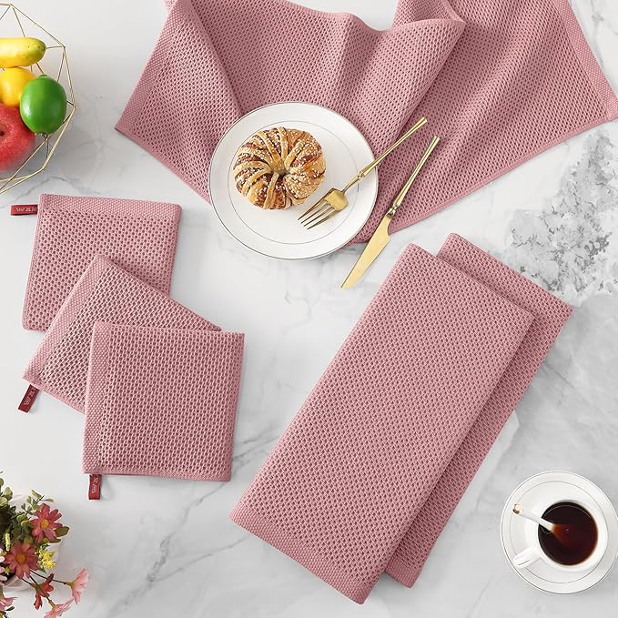 Kitinjoy 100% Cotton Waffle Weave Kitchen Towels (13 X 28 Inches, Dried Roses), 4-Pack Super Soft and Absorbent Dish Towel for Drying Dishes, Kitchen Hand Towels