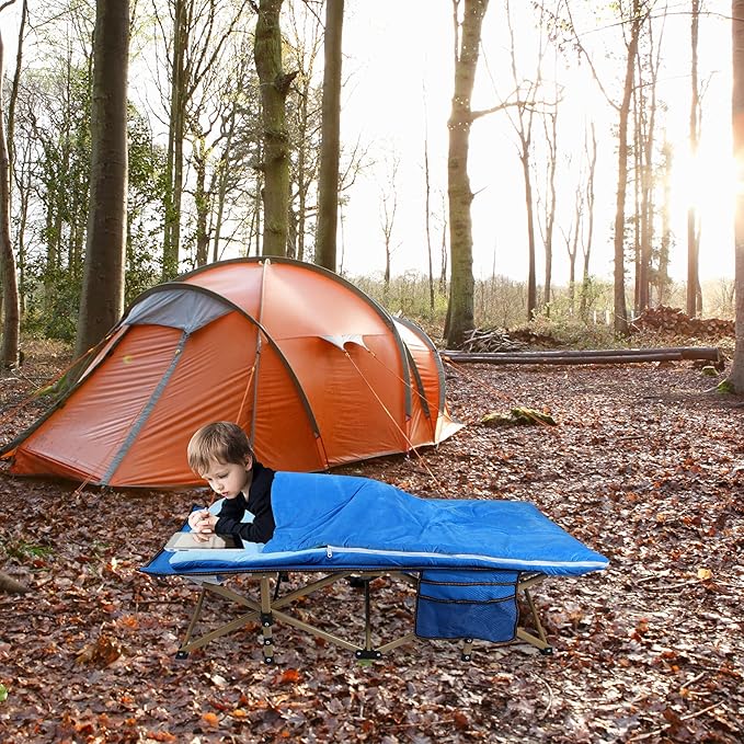 REDCAMP Extra Long Toddler cot with Sleeping Bag, Portable Kids Travel Bed for Sleeping, Blue 53''x26''