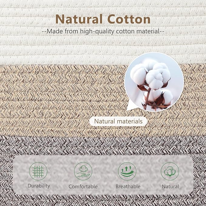 ECDYQXVU Cotton Rope Storage Basket, 15x10x9 Inches, Woven Basket for Shelves, Clothes, Towels, Books, and Laundry, White Brown (3 Pack)