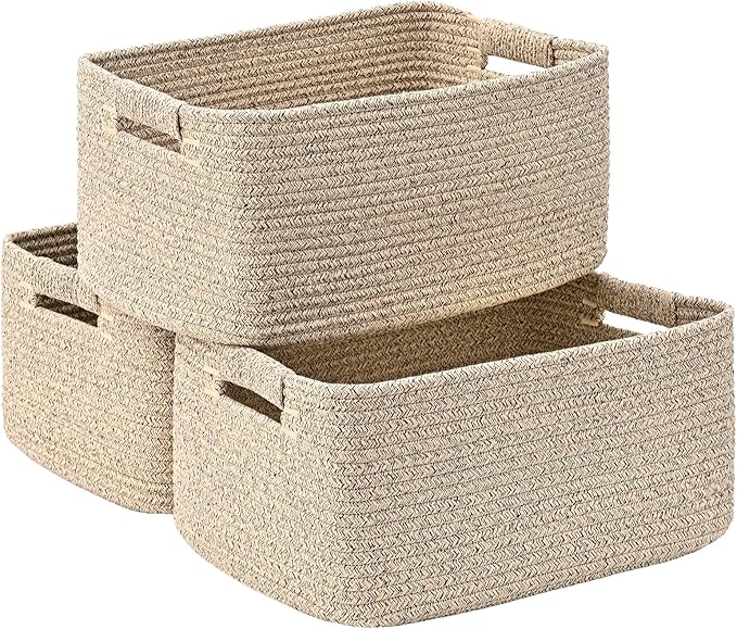 3 Pack Large Storage Basket for Organizing, 17.5"x13.5"x7.5" Woven Basket for Shelves, Closet Cube Storage Bins with Wrapped Handle, Cotton Rope Baskets for Kitchen, Clothes, Toys(Natural)