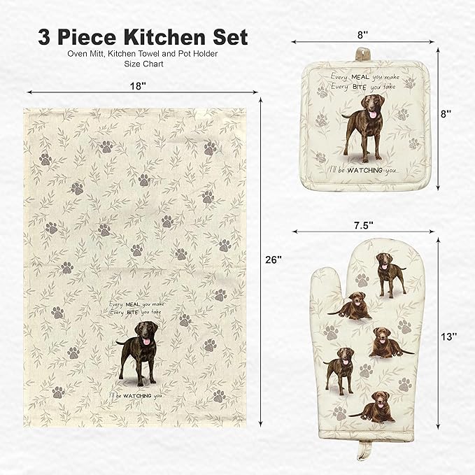 Chocolate Labrador 3-Piece Kitchen Set - Oven Mitt, Pot Holder & Kitchen Towel Set, Heat Resistant up to 420 F, Soft Quilted Cotton for Cooking, Baking, BBQ, Pet Lover Gifts (Labrador Chocolate)