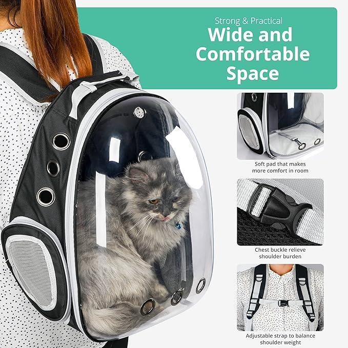 Cat Backpack Carrier with Collapsable Dog Bowl, Cat Collar & Interactive Cat Toy (4 Pcs Set)- Airline Approved Bubble Carrying Bag for Medium Dogs & Cats, Animal Carrier Backpacks, Pet Backpack |Black