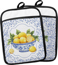 Blue and White Floral Lemon Pot Holders with Pockets, Lemon Gifts Pot Holders Heat Resistant Oven Mitts Hot Pads for Kitchen Baking Cooking,Potholders for Kitchens