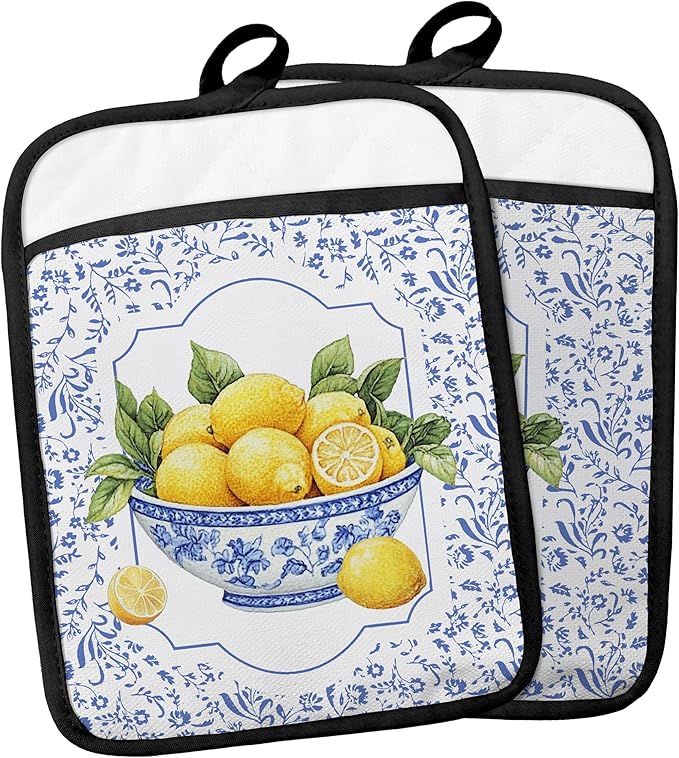 Blue and White Floral Lemon Pot Holders with Pockets, Lemon Gifts Pot Holders Heat Resistant Oven Mitts Hot Pads for Kitchen Baking Cooking,Potholders for Kitchens