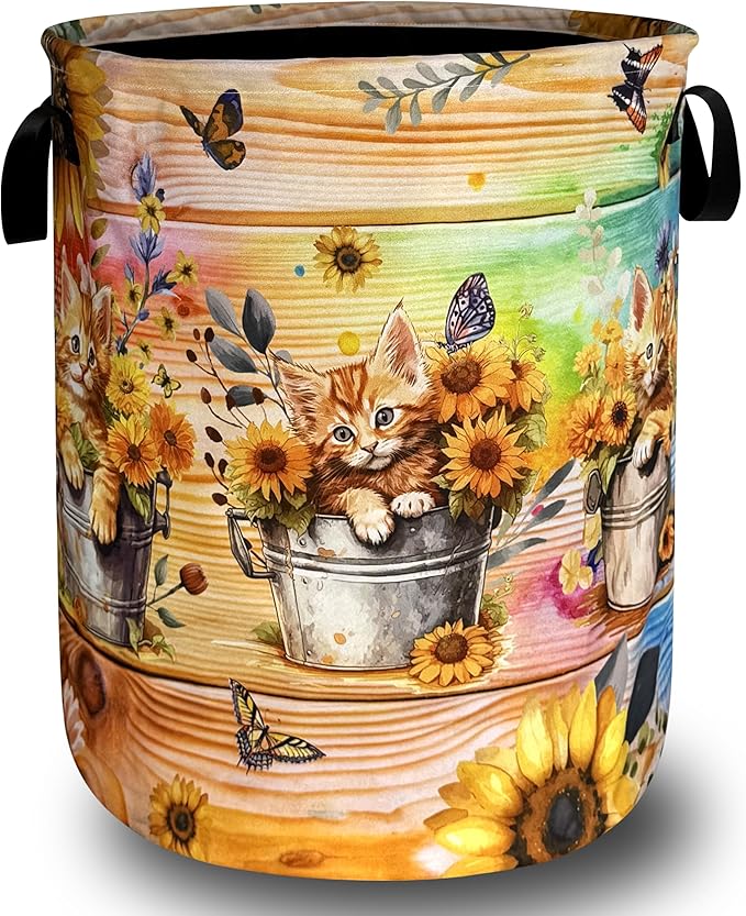 Cute Cats Sunflower Laundry Basket Oxford Cloth Animals Flower Funny Laundry Hamper With Handle Portable Clothes Storage Basket Foldable Laundry Bag 18.9"x16.5" For Laundry Room/Bedroom/Bathrooms