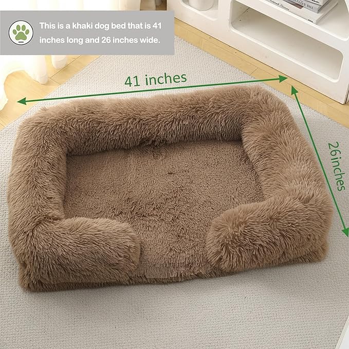 CareCooo Orthopedic Dog Bed for XL Dogs - Washable Memory Foam Pet Sofa, Fluffy Plush Rectangular Bed, Waterproof Anti-Anxiety Couch, Khaki, XL