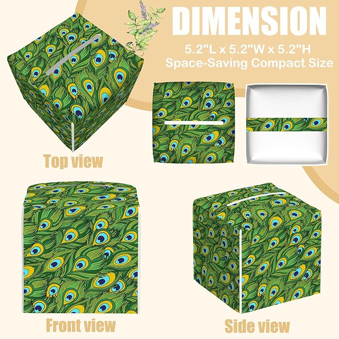 BLYKVGHQ Leather Tissue Box Holder Peacock Feather Tissue Box Cover Facial Paper Case Organizer Cube Napkin Dispenser for Bathroom Vanity Countertop Night Stand Office Car