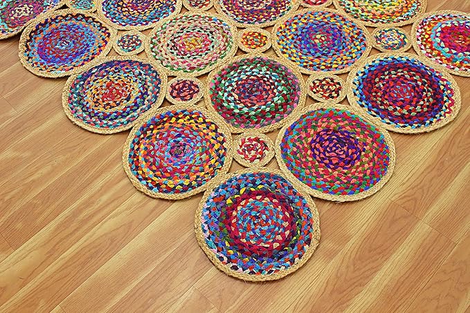 Scalloped Edge Rug, Natural Chindi Cotton and Jute Area Rug, 6x6 Ft Square Beige & Multicolor Hand Woven Kilim Rugs for Living Room, Kitchen, Entryway, Farmhouse