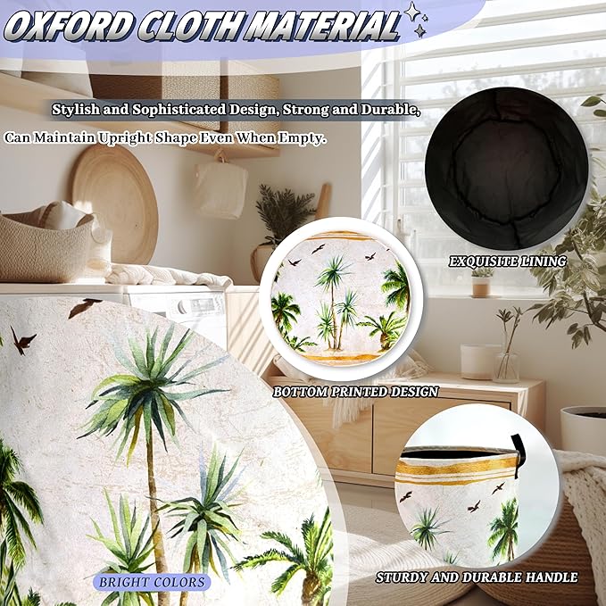 Tropical Palm Trees Laundry Hamper Foldable Oxford Cloth Retro Hawaii Laundry Basket With Handle Portable Clothes Storage Basket Funny Laundry Bag 18.9"x16.5" For Laundry Room/Bedroom/Bathrooms