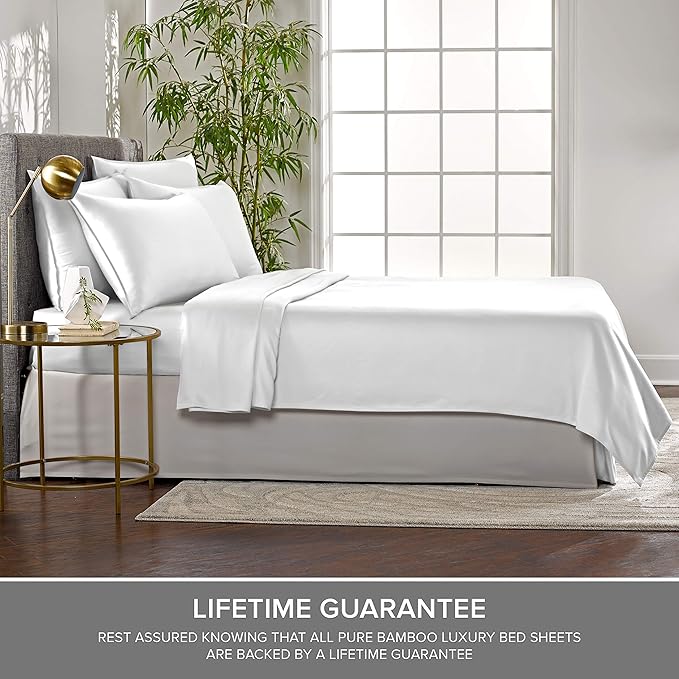 Pure Bamboo Split King Sheets, Genuine 100% Organic Viscose Derived from Bamboo Bed Sheet Set, Soft & Cooling, Double Stitching, 2 Fitted Sheets (Split King, White)