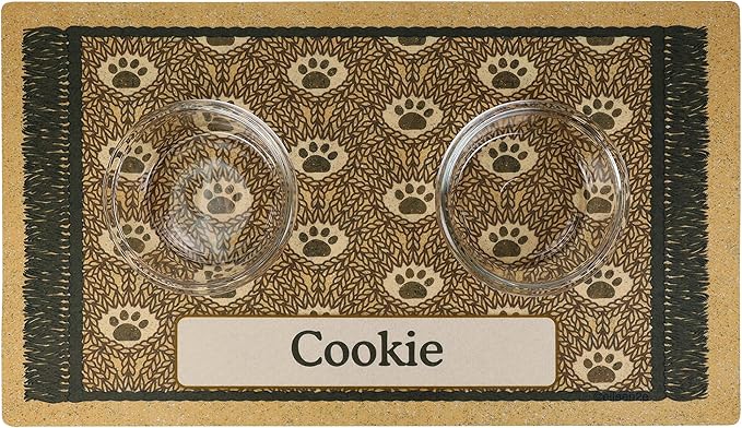 Drymate Personalized Pet Bowl Placemat, Custom Dog & Cat Food Feeding Mat - Absorbent Fabric, Waterproof Backing - Machine Washable/Durable (USA Made) (16" x 28") (Brown Paw Braid)