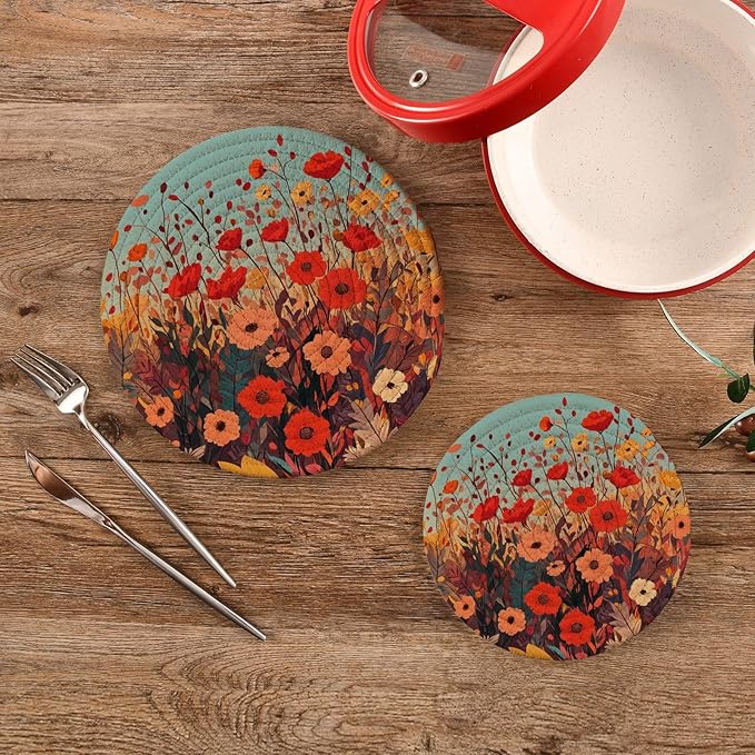 Autumn Poppy Flower Trivets for Hot Dishes Pots and Pans Potholders Woven Trivet Cotton Round Large Pot Holder Decor Heat Resistant Hot Pads Mat for Table Counter Cooking Potholder Set of 2