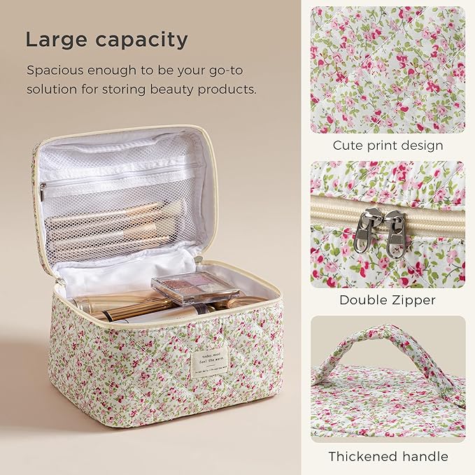 HBselect Christmas Gifts Large Quilted Makeup Bag, Cute Cotton Travel Makeup Bag with Handle, Portable Coquette Floral Make up Bags, Toiletry Organizer Make up Bags for Women Teen Girls Mom