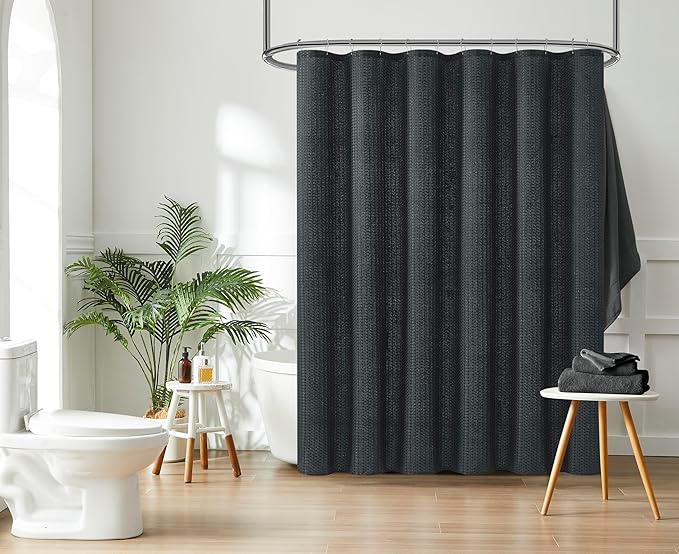 Indecor Home Luxury Dobby Weave Heavy Weight CVC Poly Cotton Blended Fabric Shower Curtain Elegant Hotel Style Fabric for Bathroom, Water Repellent, Machine Washable Dark Gray Charcoal 70x72