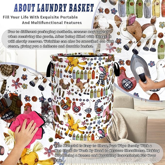 Cute Animal Doll Laundry Basket Oxford Cloth Cartoon Pattern Laundry Hamper With Handle Portable Clothes Storage Basket Foldable Funny Laundry Bag 18.9"x16.5" For Laundry Room/Bedroom/Bathrooms