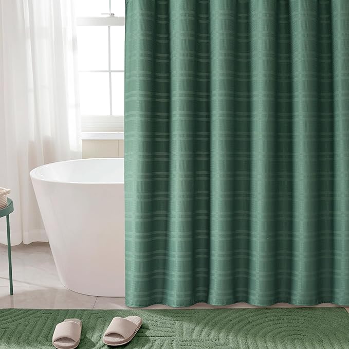 TURKIO 108 Inch Extra Wide Dark Green Shower Curtain Waffle Weave Shower Curtain Striped Fabric Shower Curtains for Bathroom, Green Bathroom Decor, (108Wx72H, Dark Green)