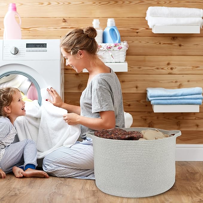 XUANGUO Large Cotton Rope Basket – 22"x14" Woven Storage Baskets for Blankets, Toys, Laundry, and Nursery – Round Basket for Living Room, Kids, and Pets Grey