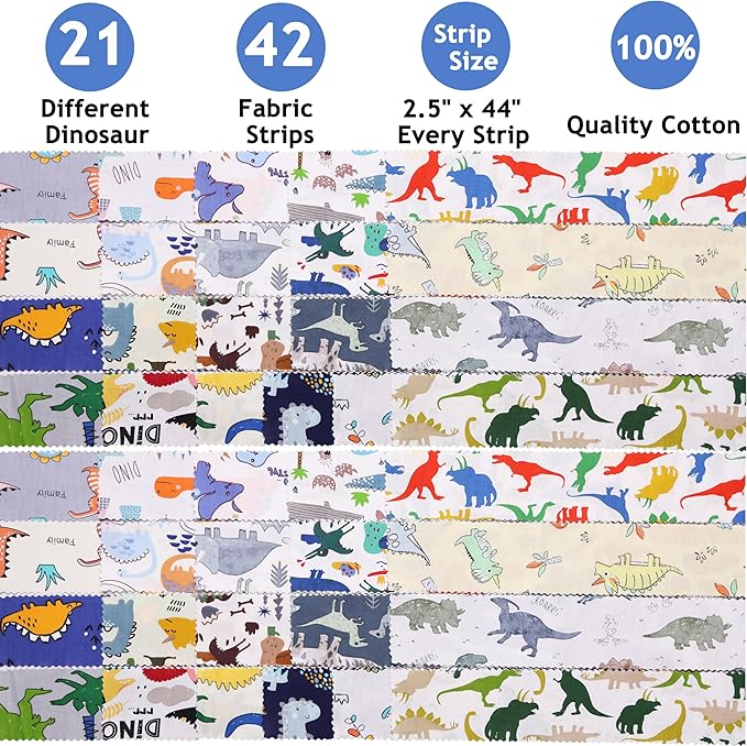 Hanjunzhao Dinosaur Fabric Jelly Rolls for Quilting, 42 Strip 2.5" x 44" Dinosaur Jelly Roll Fabric, Soft Cotton Material Strips for Baby Boy Kids Blanket, Rug, Upholstery, Home Décor, and Crafts