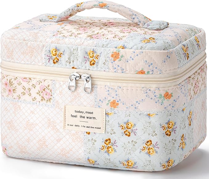 HBselect Christmas Gifts Large Quilted Makeup Bag, Cute Cotton Travel Makeup Bag with Handle, Portable Coquette Floral Make up Bags, Toiletry Organizer Make up Bags for Women Teen Girls Mom