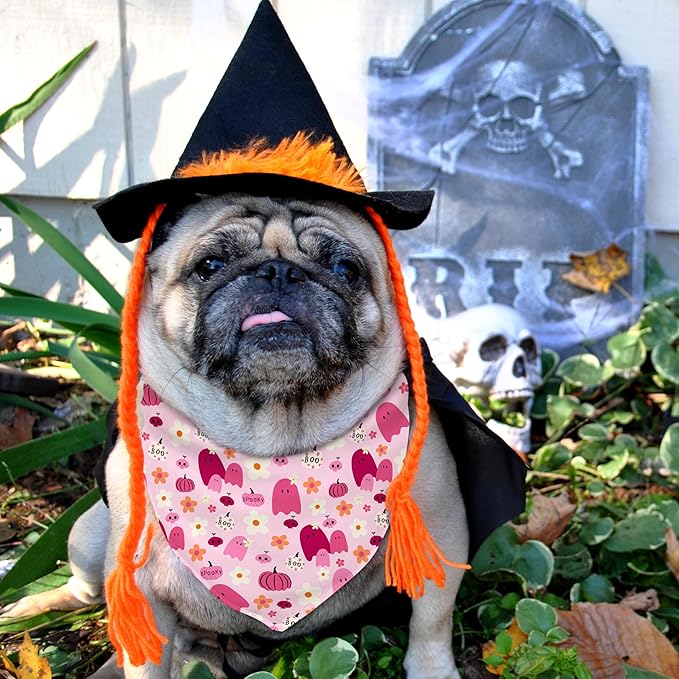 Halloween Dog Bandanas Reversible 2 Pack, Cute Pumpkin Ghost Bat Halloween Pet Bandanas for Dogs Set Adjustable Triangle Holiday Scarves for Medium Large Extra Large Boy Girl Dogs