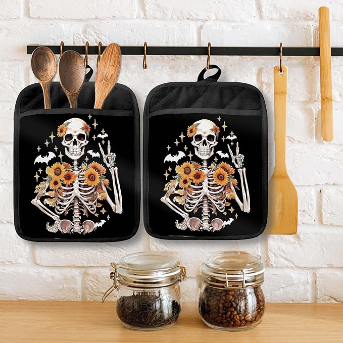 Halloween Sunflower Skeleton Pot Holders with Pockets, Funny Halloween Skull Bat Sunflower Oven Pot Holders Heat Resistant Oven Mitts Hot Pads for Kitchen Baking Cooking