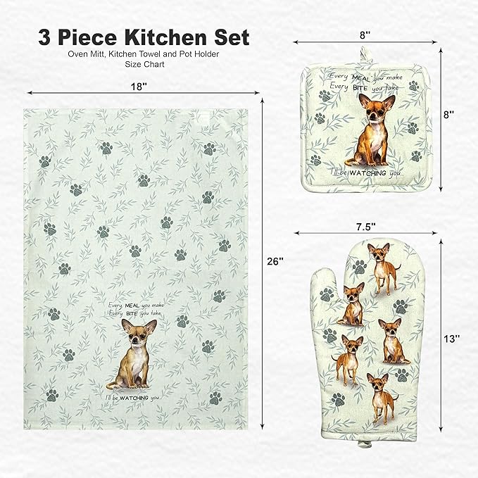 Chihuahua 3-Piece Kitchen Set - Oven Mitt, Pot Holder & Kitchen Towel Set, Heat Resistant up to 420 F, Soft Quilted Cotton for Cooking, Baking, BBQ, Pet Lover Gifts (Chihuahua tan)