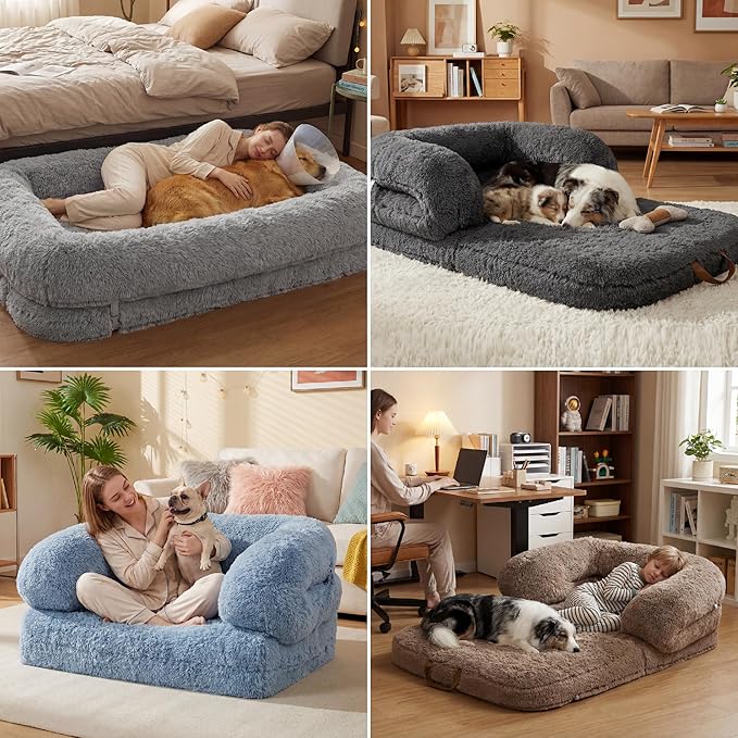 LE SURE Foldable Human Dog Bed - 3 in 1 Flexible Giant Human Dog Bed for Adult People with Supportive Bolster Egg Foam, Waterproof Liner, Calming Fluffy Faux Fur Orthopedic Big Bean Bed, Baby Blue