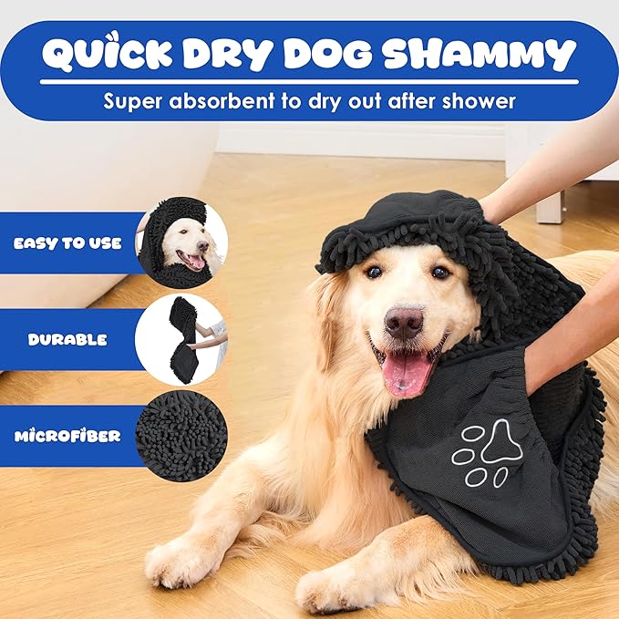 EDENATURE Microfiber Dog Bath Towel – Super Absorbent Dog Towels for Drying Dogs Large & Small, Quick Dry Pet Towel with Hand Pockets, Soft & Durable Puppy Towel, Machine Washable – Black