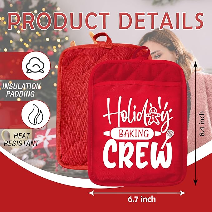 Christmas Holiday Baking Crew Pot Holders with Pockets, Red Christmas Gingerbread Baker Oven Pot Holders Heat Resistant Oven Mitts Hot Pads for Kitchen Baking Cooking