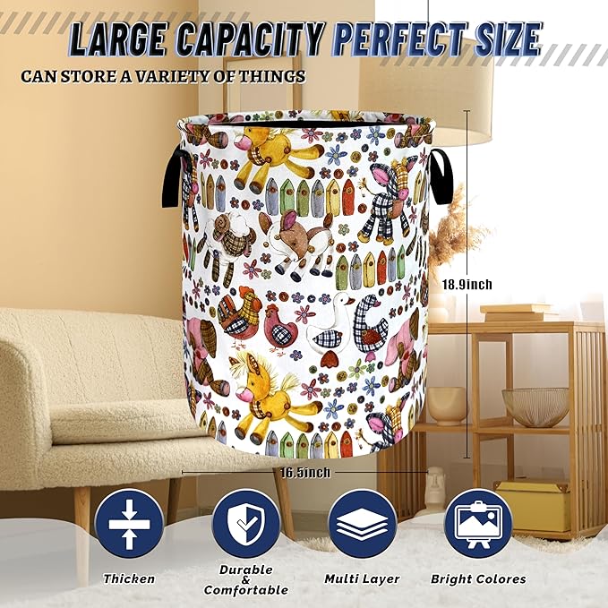 Cute Animal Doll Laundry Basket Oxford Cloth Cartoon Pattern Laundry Hamper With Handle Portable Clothes Storage Basket Foldable Funny Laundry Bag 18.9"x16.5" For Laundry Room/Bedroom/Bathrooms